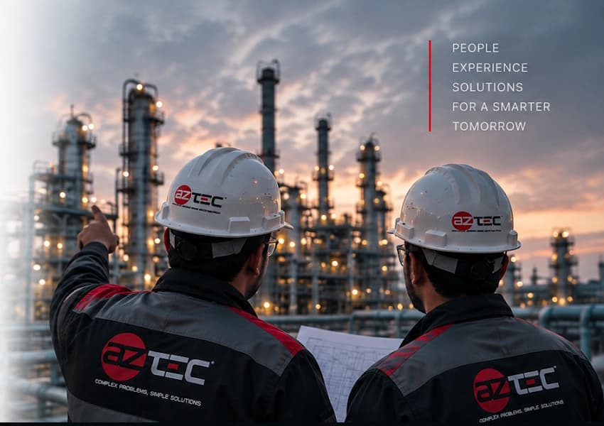 Two AZtec automation engineers in branded safety helmets and jackets discussing plant facility schematic