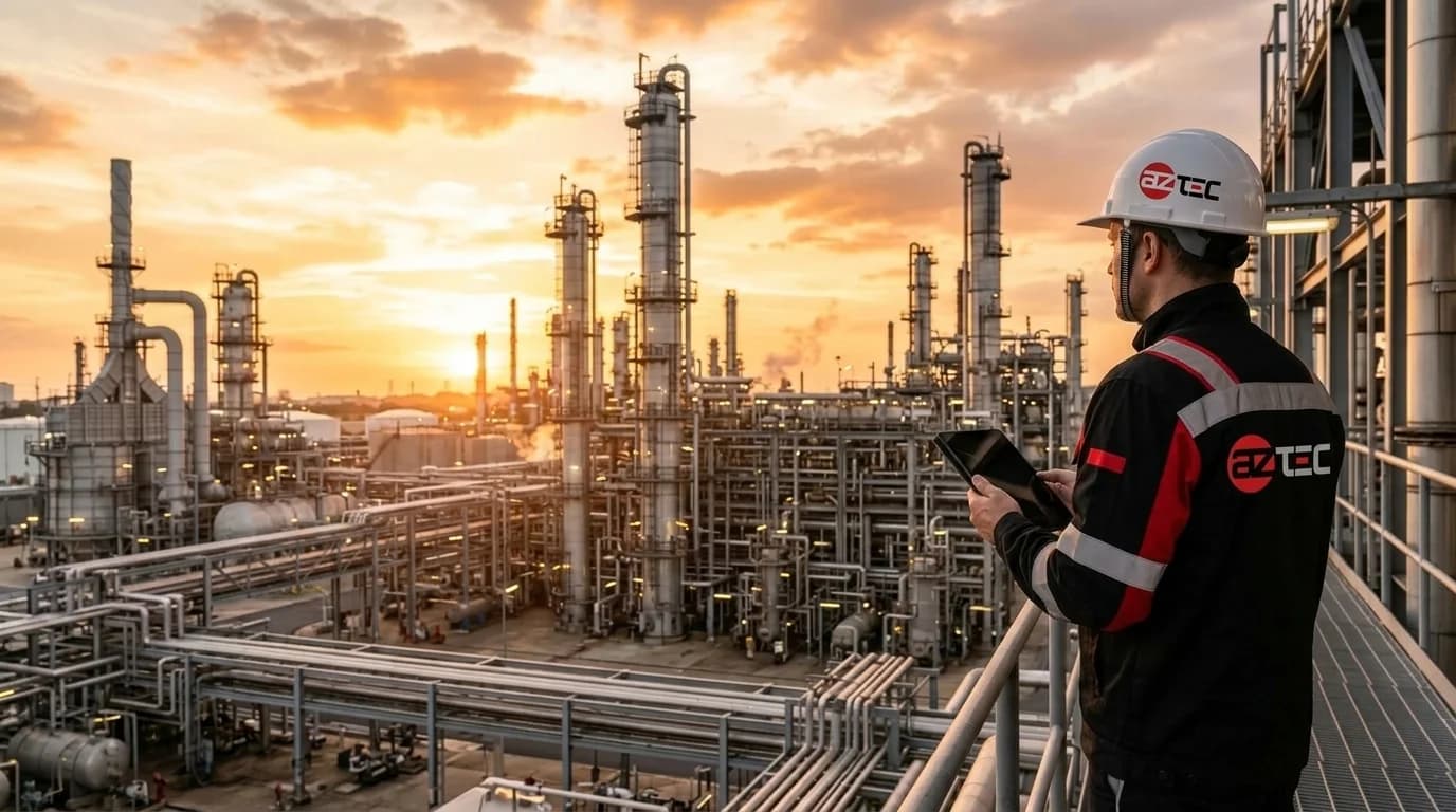 AZtec Automation engineer overlooking an industrial refinery facility