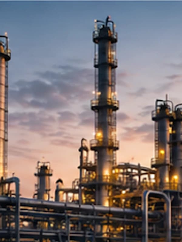 Oil refinery distillation columns at dusk with illuminated process towers