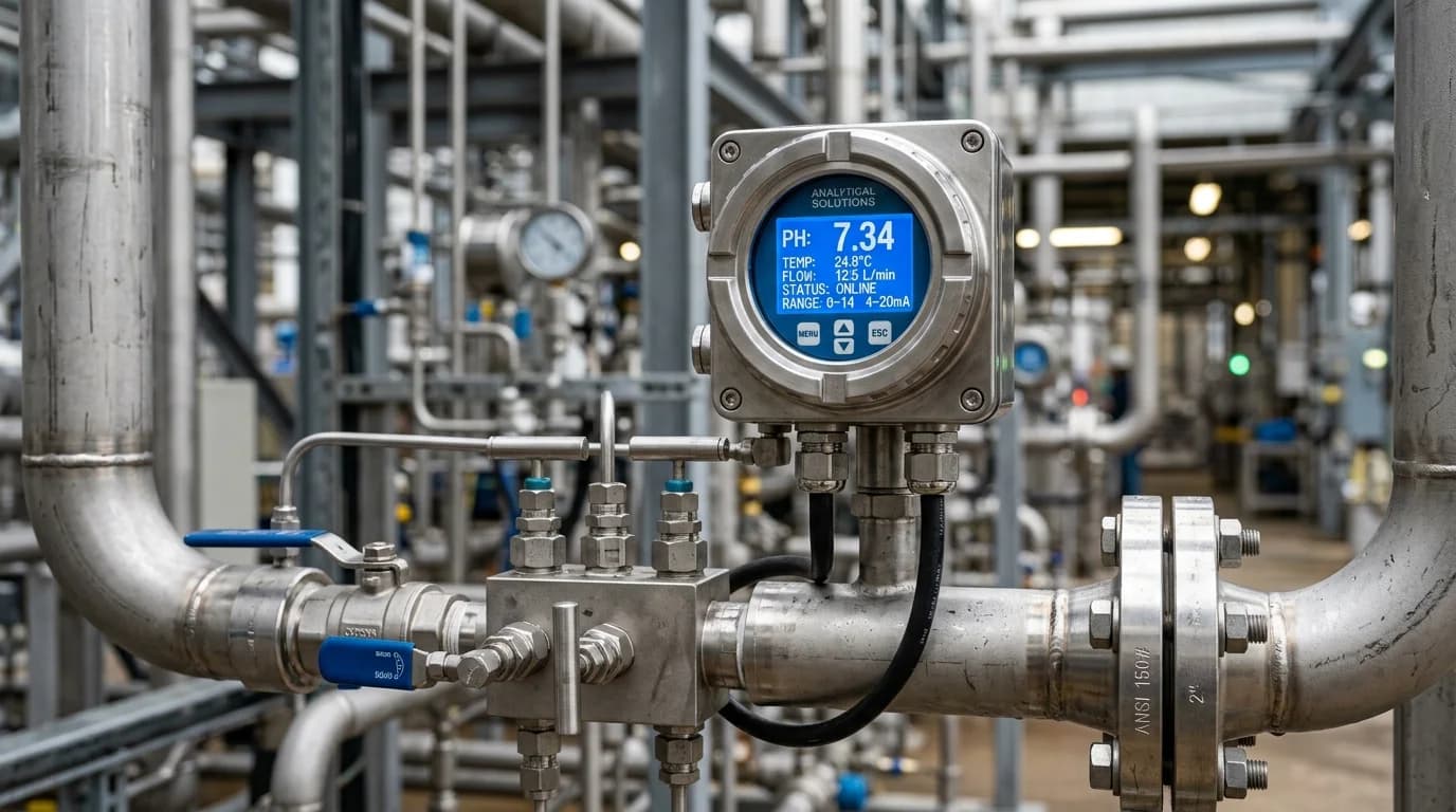 High-precision process analytical instrument and digital display transmitter on industrial piping