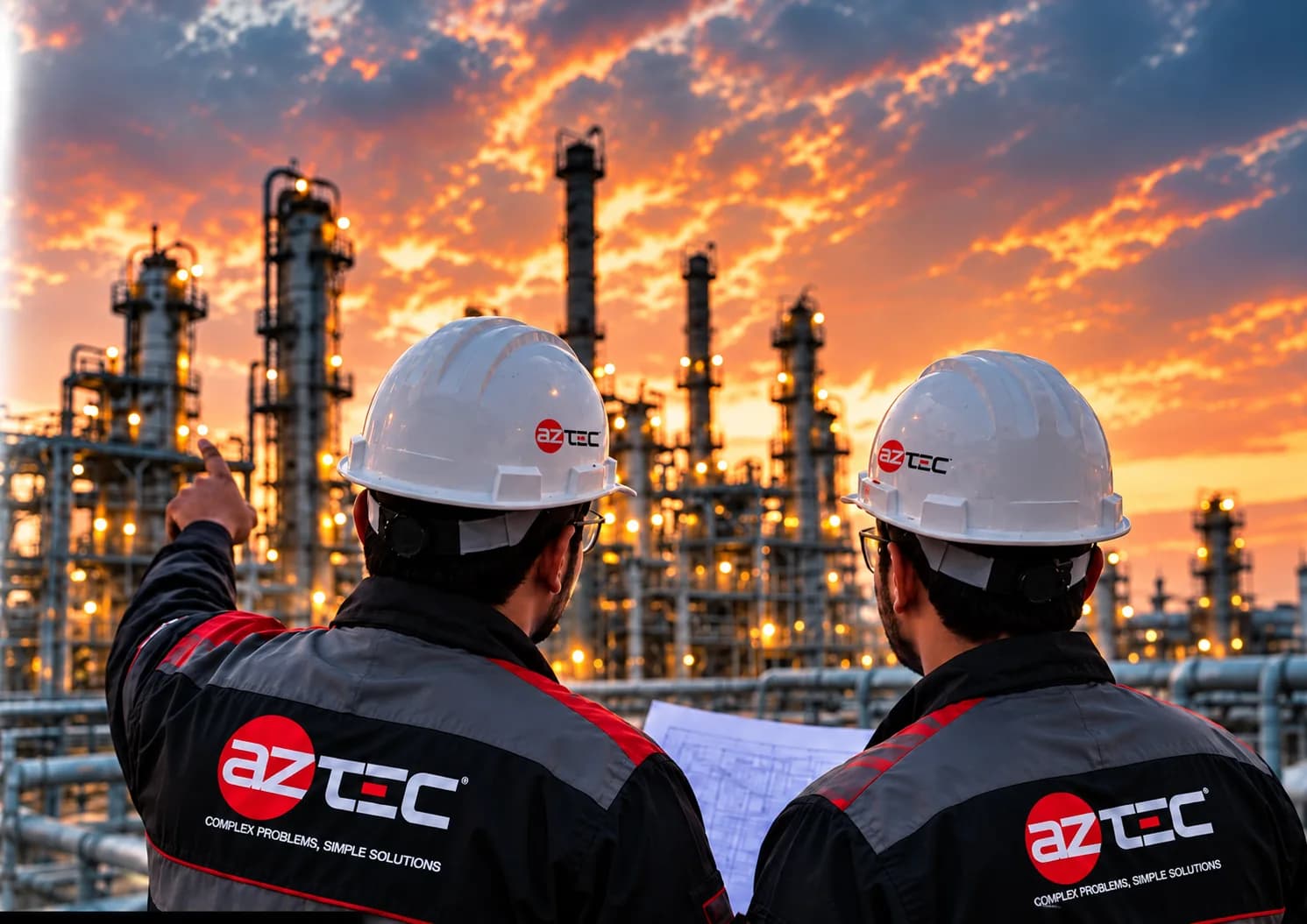 Two AZtec automation engineers in branded safety helmets and jackets discussing plant facility schematic