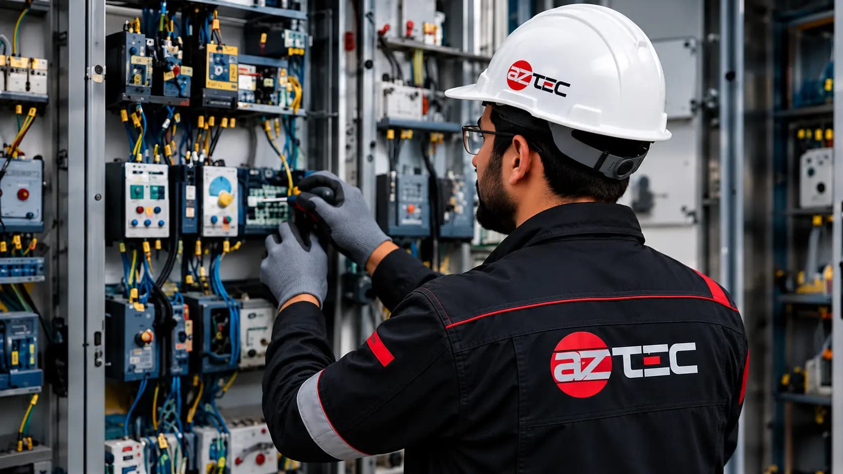 AZtec technician assembling control panel cabinet wiring in factory facility