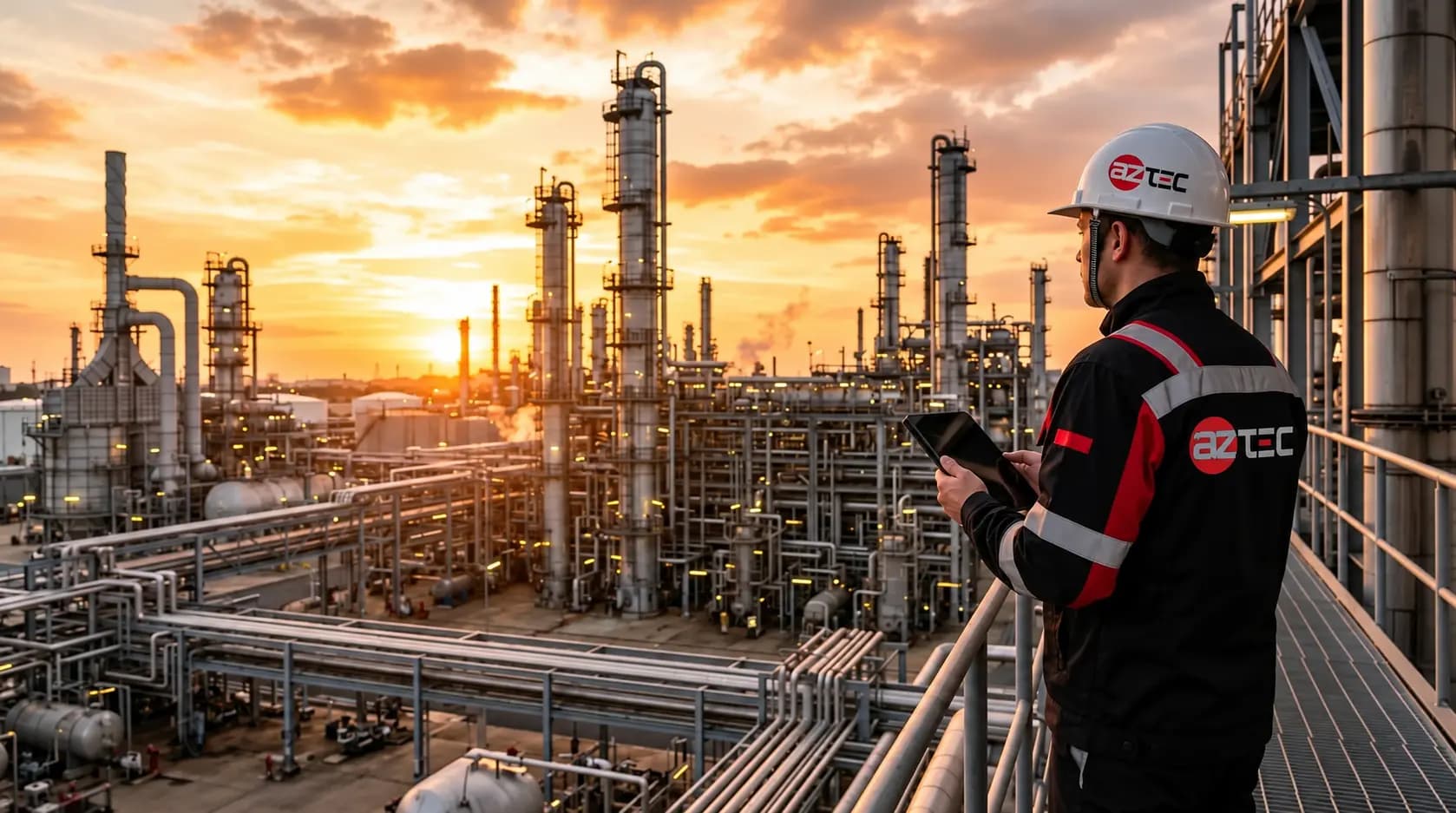 AZtec Automation engineer overlooking an industrial refinery facility
