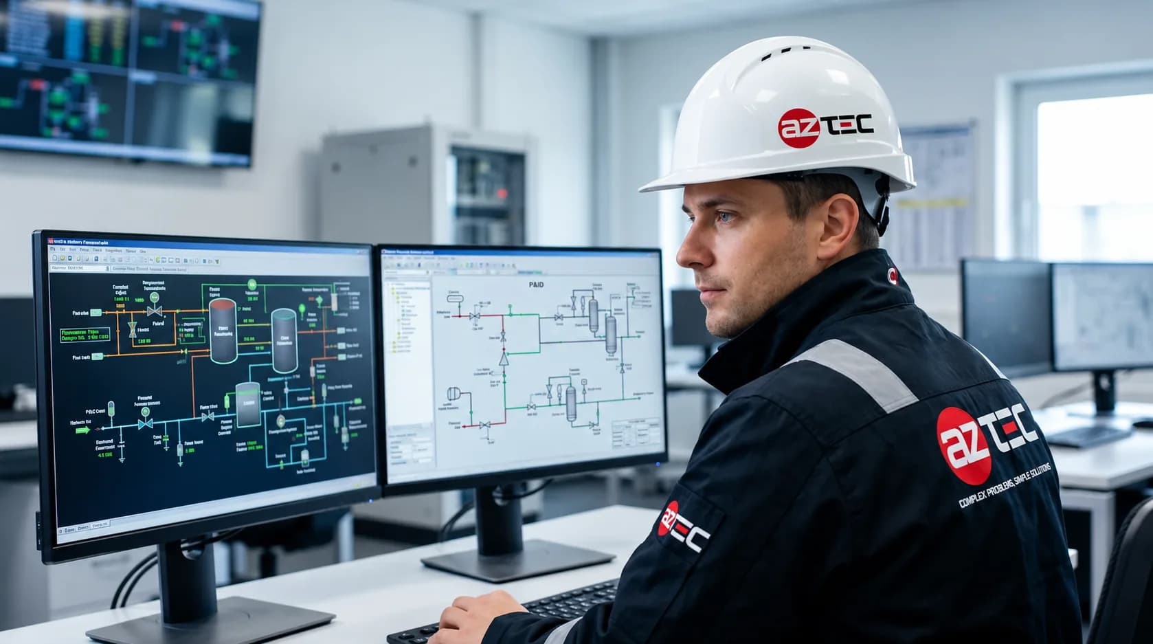 AZtec engineer in control room managing process automation SCADA systems on dual monitors